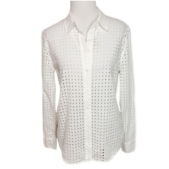 Equipement Femme Classic White Perforated Cotton Button Down Blouse Size XS - Picture 3 of 10